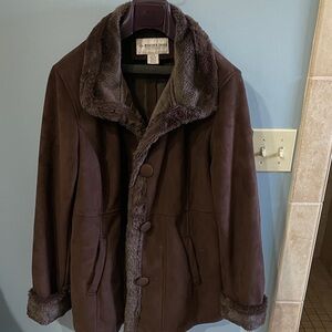 Vintage faux suede chocolate coat with faux fur trim by Weather Tamer